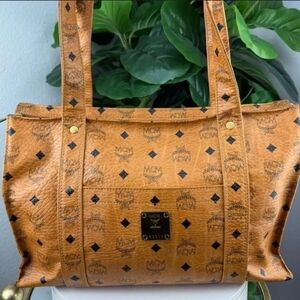 Authentic MCM Cognac Visetos Logo Tote Like New